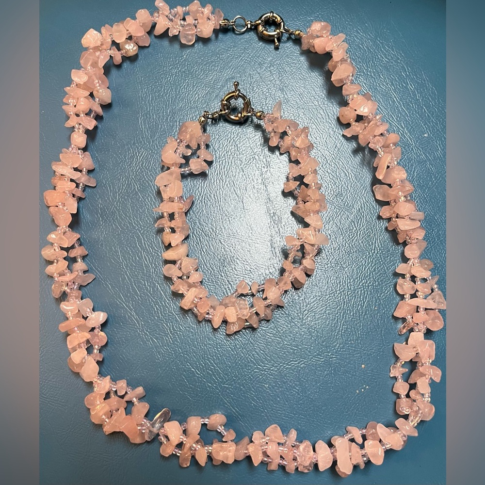 Natural Rose Quartz chip necklace and bracelet set.